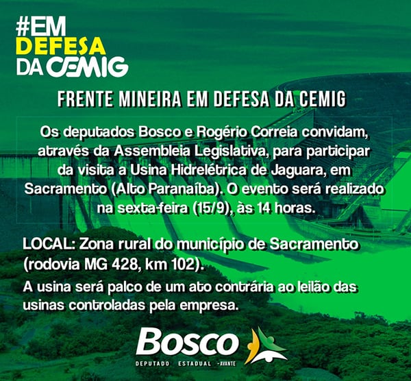 Deputado Bosco convida para ato em defesa das usinas da Cemig