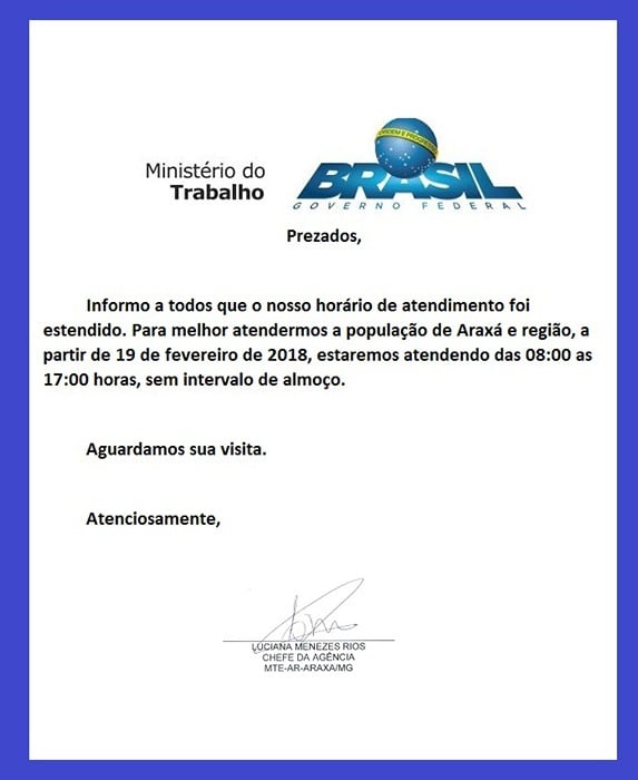 Ministério do Trabalho informa novo horário de funcionamento