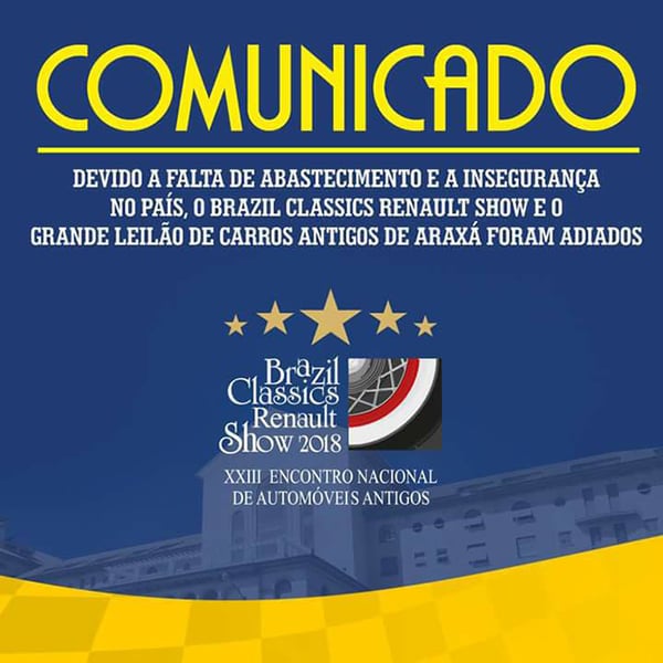 Encontro de automóveis Brazil Classics Renault Show é adiado