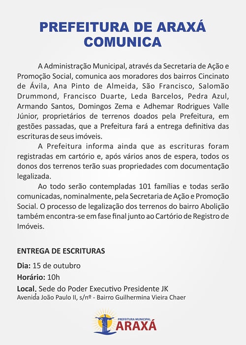 Comunicado: Prefeitura fará entrega de escritura definitiva de imóveis doados em gestões passadas