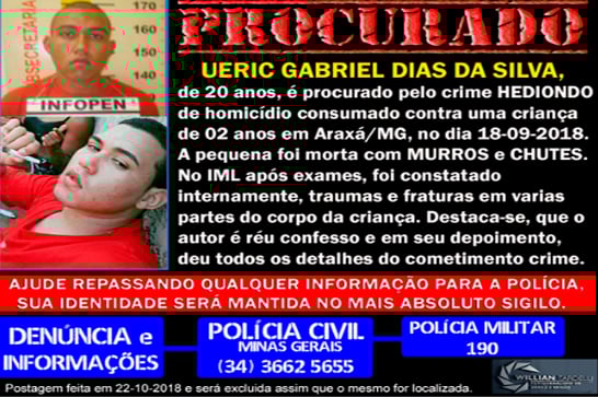 Autor de homicídio contra menina de 2 anos em Araxá está foragido