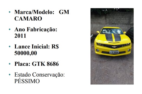 Veículos envolvidos com o tráfico de drogas vão a leilão em Minas Gerais; Camaro amarelo está entre os destaques