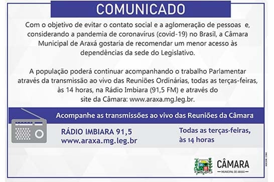 Comunicado: Reuniões da Câmara Municipal