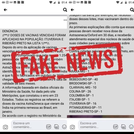 ALERTA FAKE NEWS: Doses de vacinas vencidas aplicadas